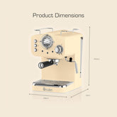 Cream-colored Swan espresso machine with dimensions on a beige background